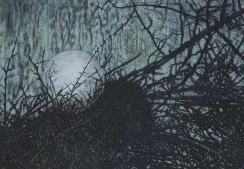 내려앉은달 1-2 · 장지에 채색, 목탄 · 98x140cm · 2020  출처-히든스페이스