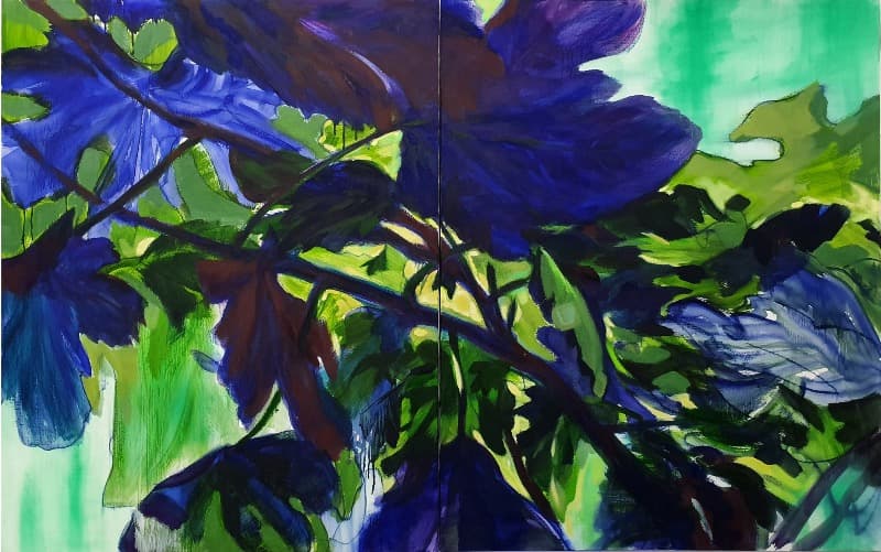 윤혜린 - 그리고눈앞에무화과나뭇잎, · 캔버스에 오일파스텔, 유채 · 91x145.5cm · 2019(출처:신세계갤러리 홈페이지)