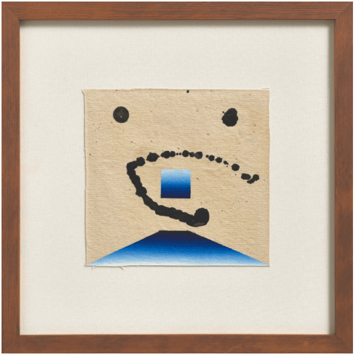 20 x 20 시리즈 No.57(부제;너의목소리가들려.) · 광목 천에 유화와 먹 액자포함 · 38 x 38 x 2.5cm · 2021 (출처=아트스페이스그로브)