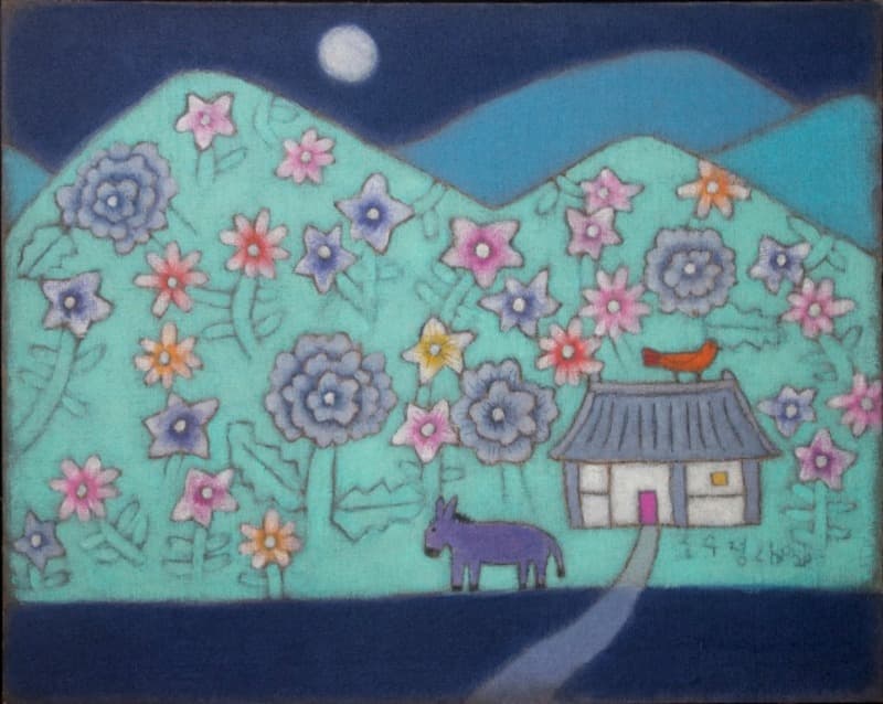 달밤엔 모든 것이 푸르다 · 황마캔버스에 혼합재료 · 91 x 73 cm · 2020