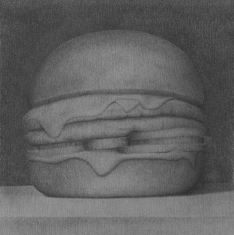cheese burger · 종이에 흑연 · 52.5×52.5cm · 2020 (출처= 에이라운지) · cheese burger