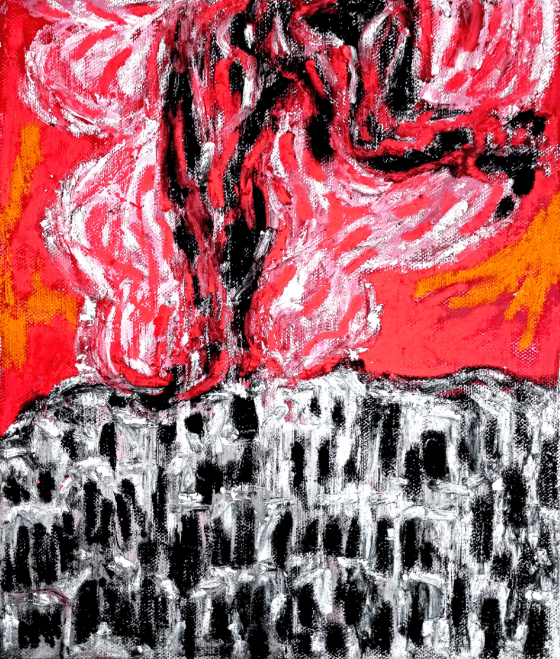 연탄불이 타기 전에 죽거나 또는 성공하거나 · 캔버스에 유채, 아크릴 · 24.8 x 20.9 cm · 2020 · acrylic & oil pastel on canvas