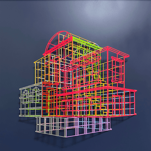 Ambiguous wall-Complex#02 02 · Laser cut steel, Urethane paint, Acrylic board · 80x80x12.5cm · 2021 (이미지 제공 = 아트딜라이트) · Ambiguous wall-Complex#02 02 · Laser cut steel, Urethane paint, Acrylic board