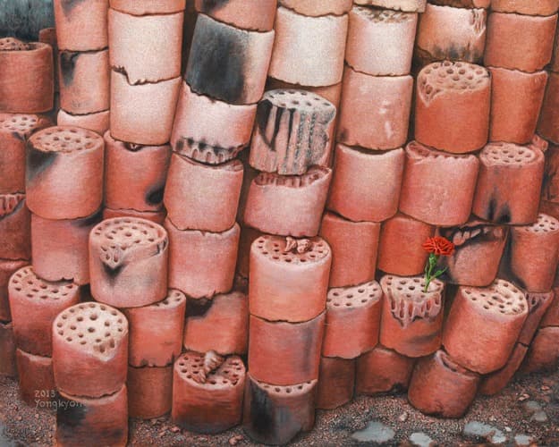 삶의 흔적_모두 다 태우시고 · 캔버스에 황토, 아크릴 채색 · 91 x 65cm · 2013 (출처= 디아트플랜트 요 갤러리)