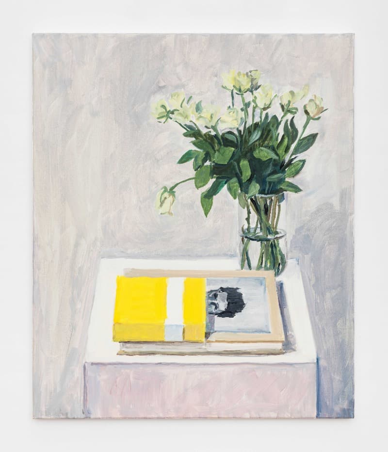 Jean-Philippe Delhomme. “Lucian Freud and flowers” · Oil on canvas, wood frame · 55 x 46 x 2 cm | 21 5/8 x 18 1/8 x 0 13/16 in. · 2021 Photo: Claire Dorn. Courtesy of the Artist and Perrotin. · Jean-Philippe Delhomme. “Lucian Freud and flowers” · Oil on canvas