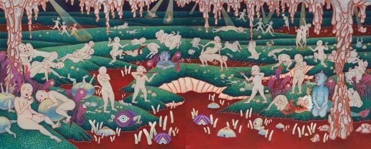 Spelunkers · 순지5배접에 분채와 석채 · 130.3x324.2cm · 2019 (출처= 갤러리도스) · Spelunkers
