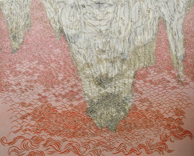 기억에 비친 섬 · 장지에 채색, 순지에 인두, 콜라주 · 130 x 160cm · 2019 (출처= 갤러리오누이)