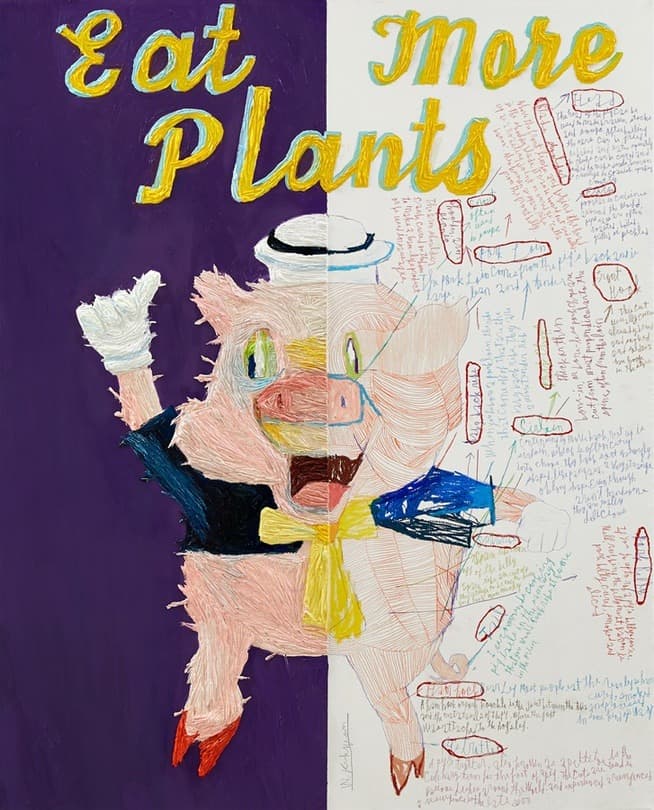 우국원_ I'm too late to be a vegan · Mixed media · 90.9x72.7cm · 2021 (출처= 갤러리조은) · I'm too late to be a vegan · Mixed media