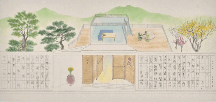 3월의 휴(休)가(歌) · 한지에 수묵채색 · 83×176cm · 2021 (출처= 갤러리도스)
