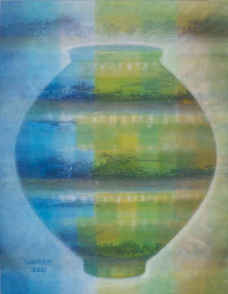 Blue Fantasia 239--Moon Jar · Mixed Media on Hanji · 53.0X45.5cm · 2021 (이미지 제공 =갤러리 너트) · Blue Fantasia 239--Moon Jar, · Mixed Media on Hanji
