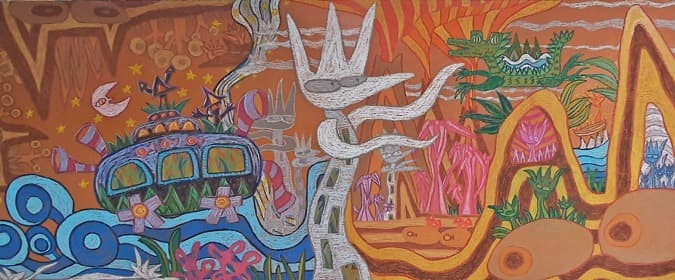 내면세계로의 탐험 · 나무판넬 위 오일파스텔 · 120 x 45cm · 2019 (출처= 모산조형미술관)