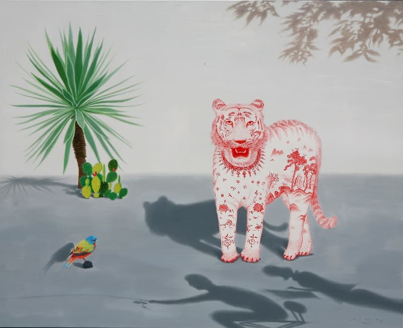 호랑이가 있는 풍경, · resin, Oil on Canvas · 160.2×130cm · 2021 @출처 : 아뜰리에 아키 홈페이지