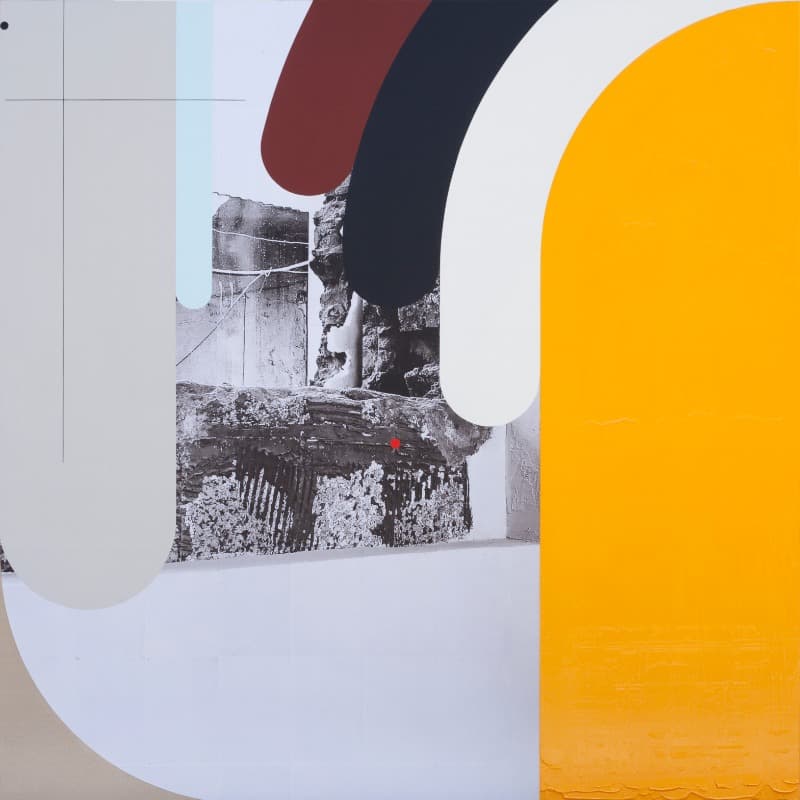 이희준, Bricks · acrylic and photo-collage on canvas · 200 x 200cm · 2021 (이미지 제공 = 아트스페이스영) · acrylic and photo-collage on canvas