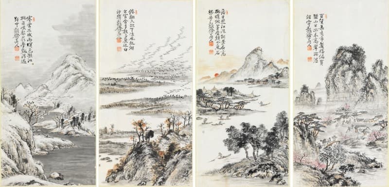사계산수(춘하추동) · 한지에 수묵담채 · 66*33.5cm*4P · 1940 (출처= 광주시립미술관)