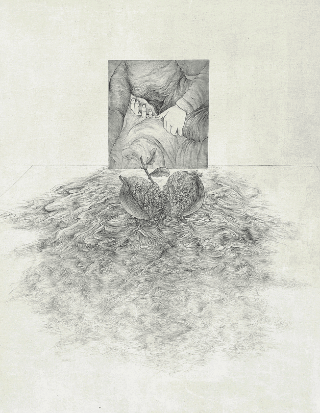 기도와 석류 · 린넨에 혼합재료, 먹 · 91x117cm · 2021 (출처= 갤러리도스)
