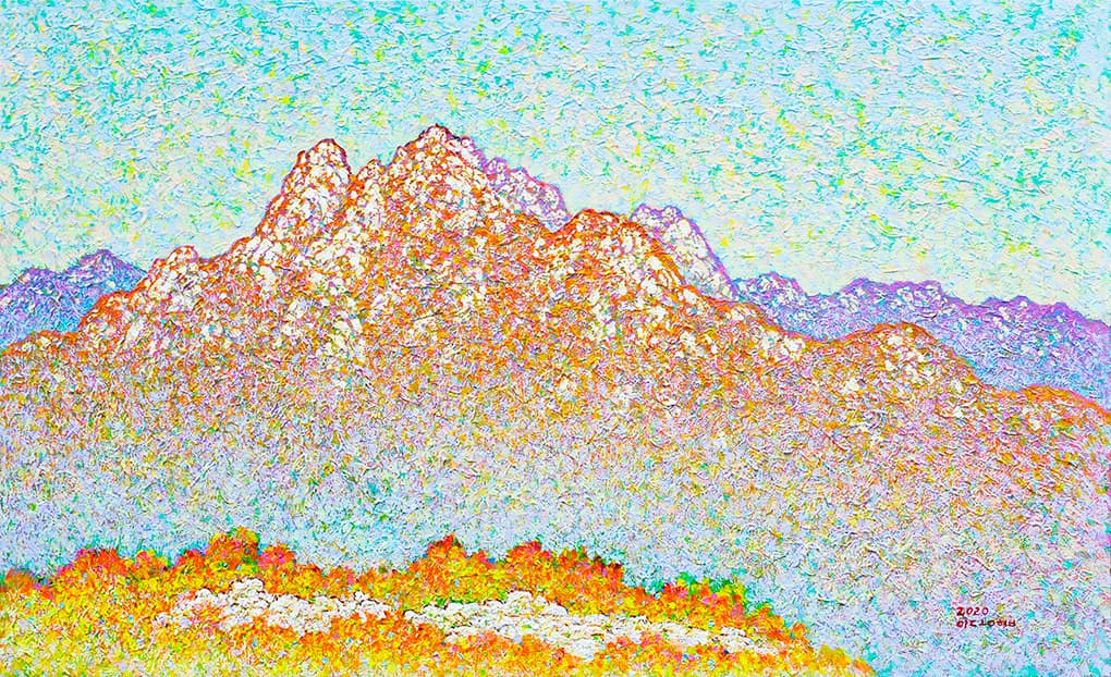 이씨산수14-20. 노고산정상에서 바라본 북한산 · 리넨, 아크릴채색 · 80.3×130.3cm · 2020 (출처= 한가람디자인미술관)