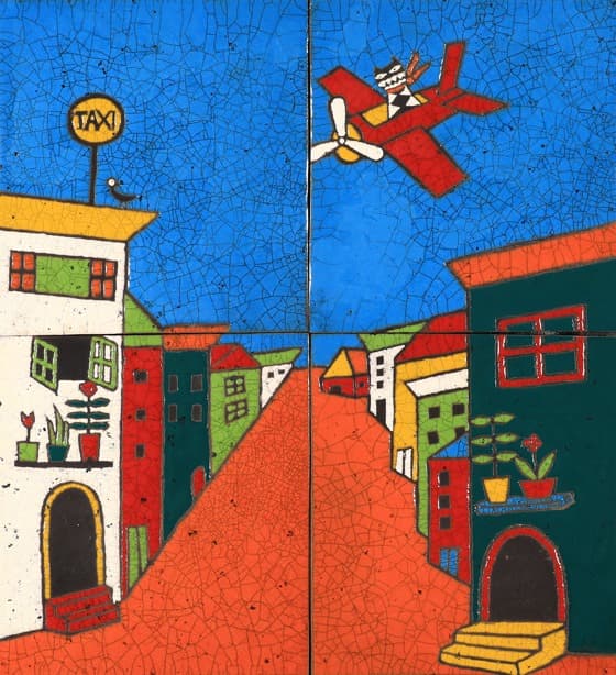 공중택시 · 프리트, 안료, 900도 소성 · 780 x 710 x 30mm · 2021 (출처= 모리스갤러리)