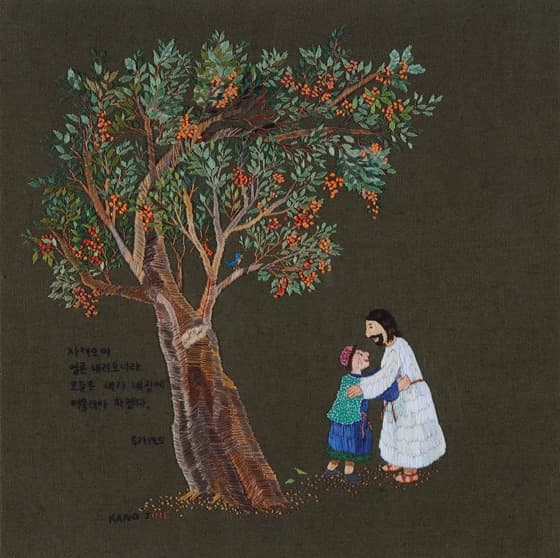 돌무화과나무 · 천에 자수 · 34 x 34cm · 2021 (출처= 디아트플랜트 요 갤러리)