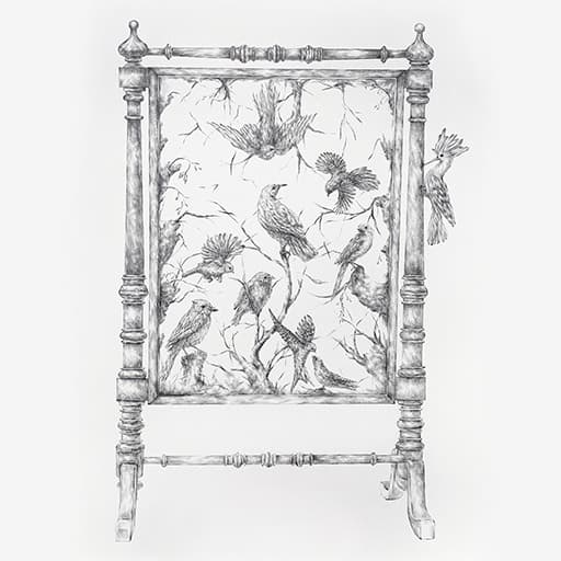 쉐도우박스 안의 새 Birds in Shadow Box #1 · 종이 판넬에 펜 · 145.5x112cm · 2021 (출처= 갤러리조선) · Birds in Shadow Box #1