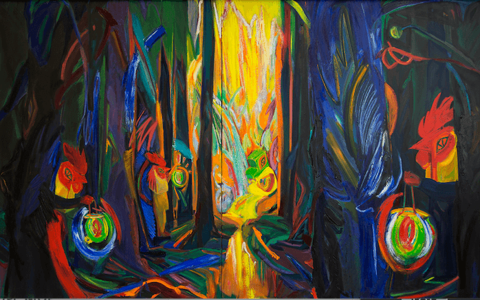 "O dark dark dark, They all go into the dark" · oil and acrylic on canvas · 160x260cm(diptych) · 2019 (이미지 출처 = 갤러리cnk) · "O dark dark dark, They all go into the dark" · oil and acrylic on canvas