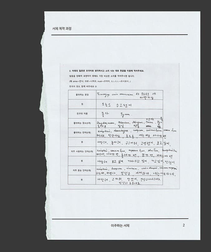 <이주하는 서체> 자료집 페이지02 · 2020 (출처= 스페이스윌링앤딜링)