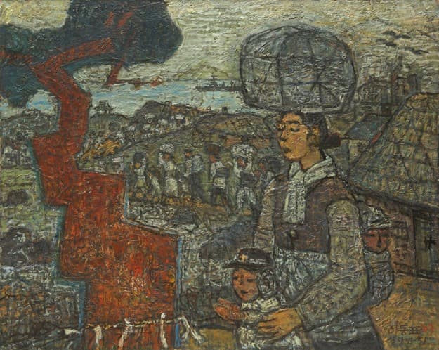 동운사람들 새벽부터 열지어 피난길에 오른다. 멀리서 기다리는 LST군함 한척이 고맙다 · Oil on Canvas · 92.0 x 116cm · 2004 (출처= 미광화랑) · Dongwoon people open the door from dawn to evacuate. Thank you for the one LST warship waiting from afar · Oil on Canvas