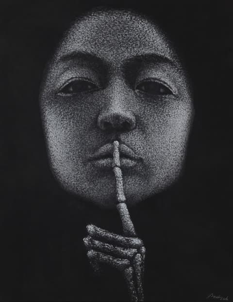 송인, 강제된 침묵-너만 조용하면 돼 · 장지, 먹, 아크릴, 수정테이프, 콘테 · 91 x 116.8cm · 2016 (출처= 모리스갤러리)