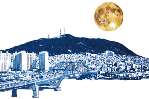 TIMESLIP - bluehour(부산대교) · 한지에 채색 · 60 x 73 cm · 2020 (출처=아트스텔라) · TIMESLIP - bluehour(Busan bridge) · coloring on Korean paper