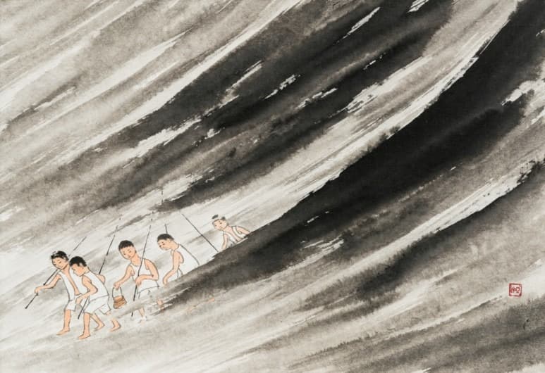 묵우 · 수묵담채 · 39.8 x 57.6 cm · 1990년대 (출처=아산조방원미술관 블로그) · ink rain · ink and color painting