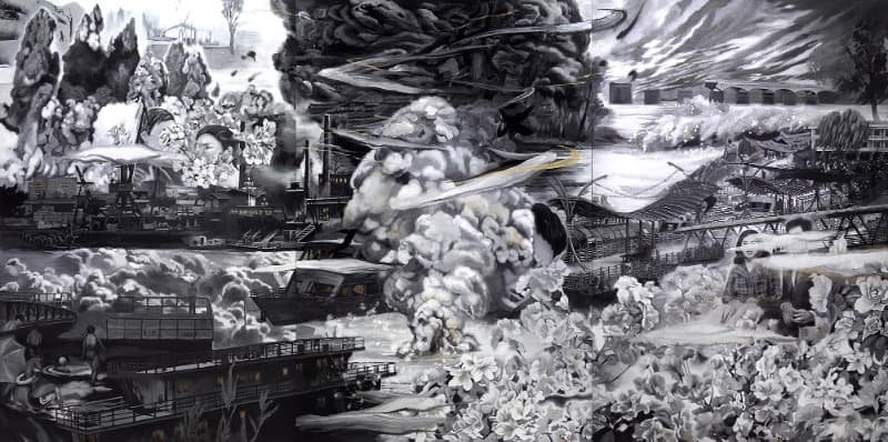 그림자의 강 · 캔버스에 분채 · 194x390cm (3점, 각 194x130cm) · 2021 ©SongEun Art and Cultural Foundation and the Artist. All rights reserved.