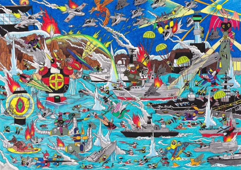 치열했던 해상전투 · 복사용지에 색연필 · 297 x 420 (mm) · 2019 (출처= 공간사일삼)