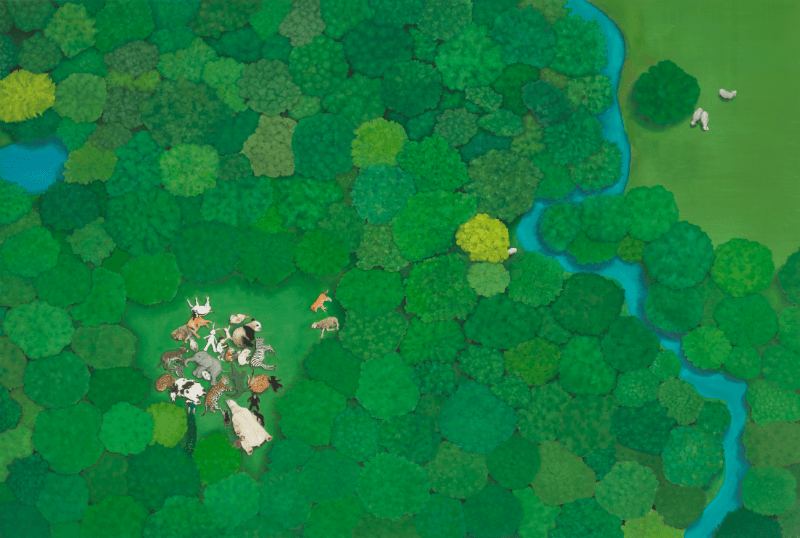 Into the Green_ 아이보리의 수상한 외출 · 캔버스에 유채 · 130 x 193 cm · 2021(출처=아뜰리에 아키) · Into the Green_ Ivory's Suspicious Outing · Oil on canvas