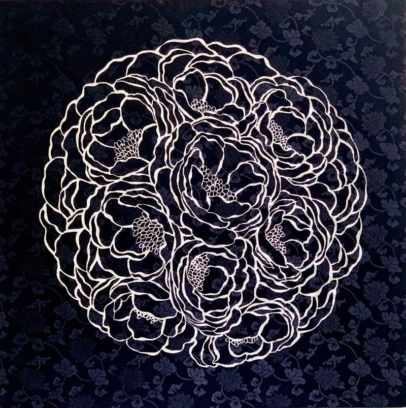 memory_mori #8 · Silk, Acid dye, YUZEN · 100 x 100 cm · (출처=낙동강문화관) · memory_mori #9 · Silk, Acid dye, YUZEN