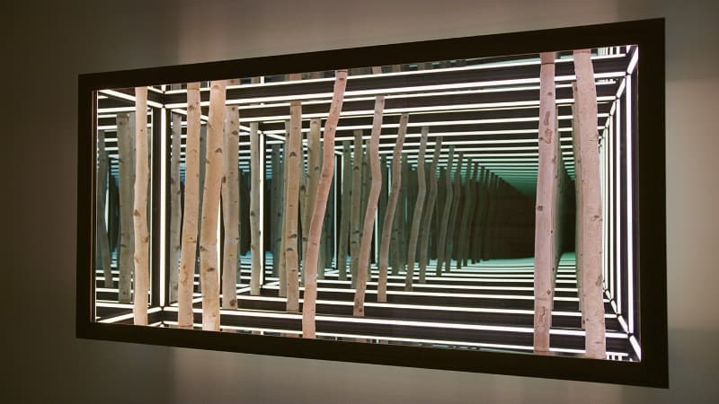 60” Wall Mounted Birch (Cherry Frame) · Stainless steel, specialised glass, LED, birch, cherry wood frame · 76.2 x 152.4 x 38.1 cm · 2019(출처=오페라갤러리) · 60” Wall Mounted Birch (Cherry Frame) · Stainless steel, specialised glass, LED, birch, cherry wood frame