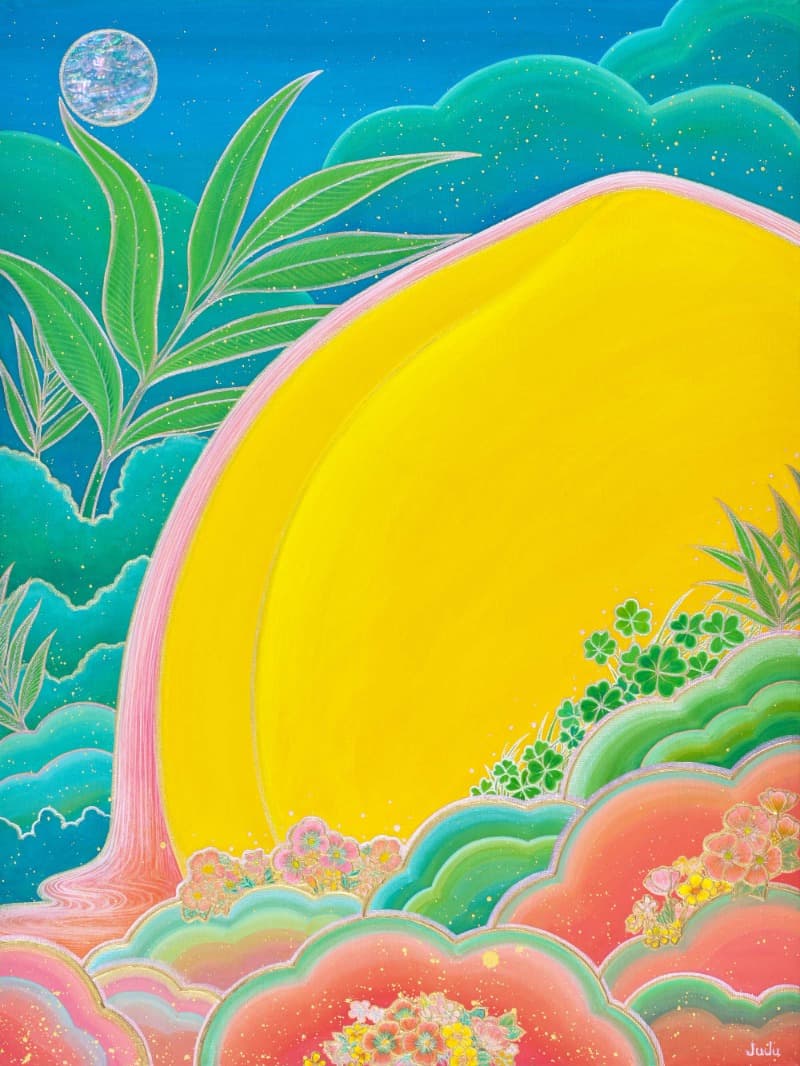 김현주, 피치파라다이스-꽃빛 · 비단에 채색.혼합재료.자개 · 45.5x60.6cm · 2021 (이미지 제공 = 김현주 작가) · Hyun-ju KIM, PEACH PARADISE