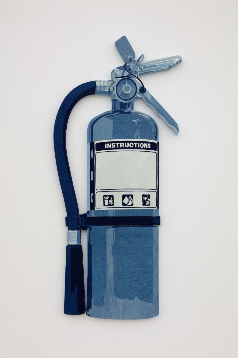 Nick Doyle. “It Is Only a Matter of Time Before Things Get Out of Hand” · Collaged denim on custom relief panel · 152 x 70 cm | 59 3/4 x 27 1/2 in. · 2021 Photo: Guillaume Ziccarelli. Courtesy of the Artist and Perrotin. · Nick Doyle. “It Is Only a Matter of