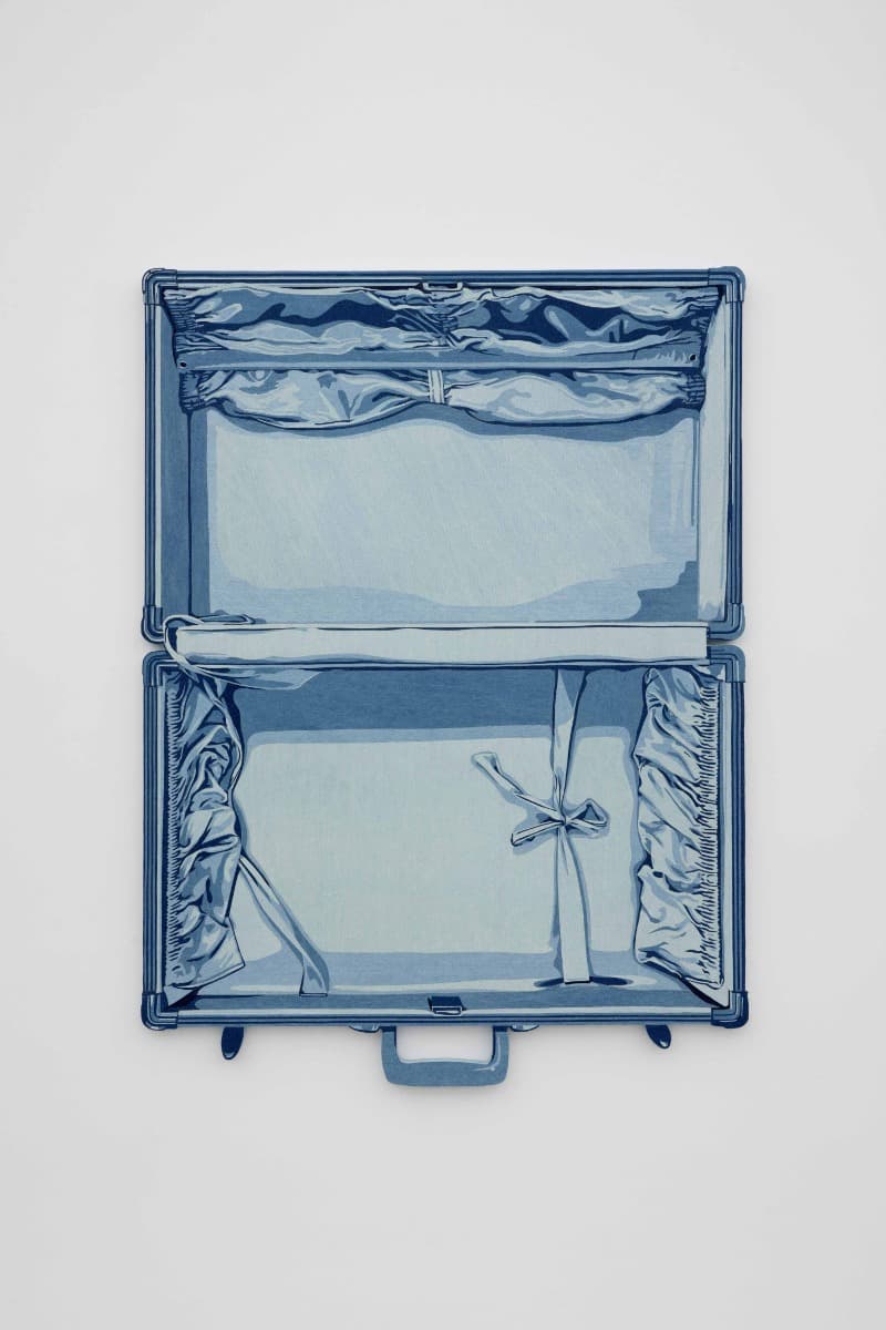 Nick Doyle. “One Foot Out the Door” · Collaged denim on custom relief panel · 152 x 113 cm | 59 1/2 x 44 1/2 in. · 2021 Photo: Guillaume Ziccarelli. Courtesy of the Artist and Perrotin. · Nick Doyle. “One Foot Out the Door” · Collaged denim on custom relief pa