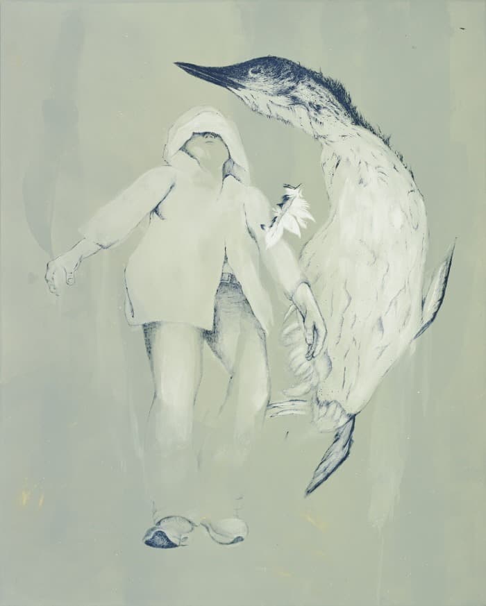 죽은 새와 함께 · 캔버스에 유채, 아크릴 · 162×130cm · 2021 (출처= 아트센터 화이트블럭)