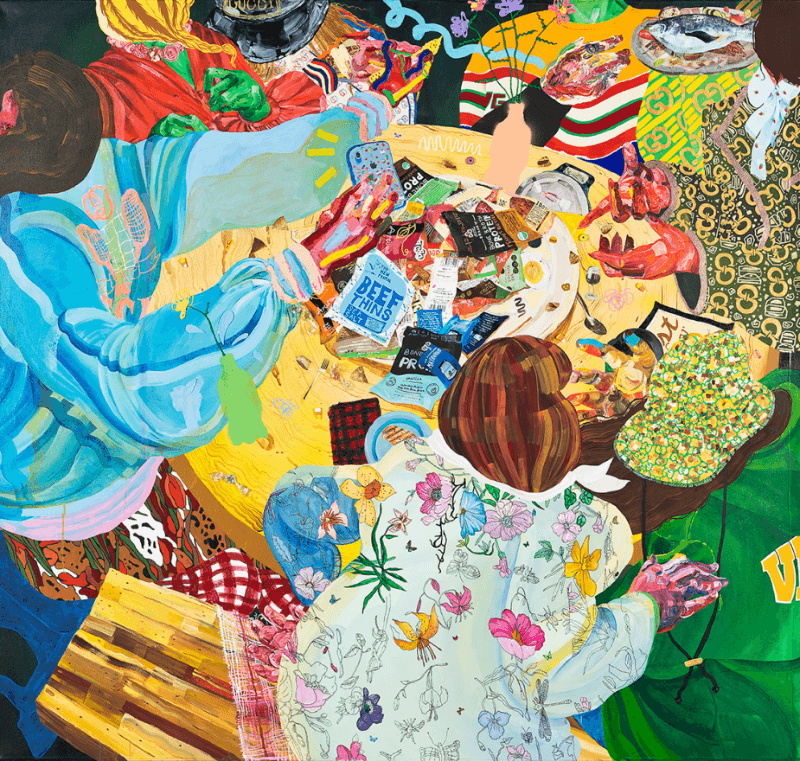 Girl Talk · Acrylic, flashe, marker, spray paint, collage, polymer clay, hot glue, stickers, and 3D filament on canvas · 172.2 x 182.9 cm · 2019 (출처= 가나아트사운즈) · Girl Talk · Acrylic, flashe, marker, spray paint, collage, polymer clay, hot glue, stickers, and 3D