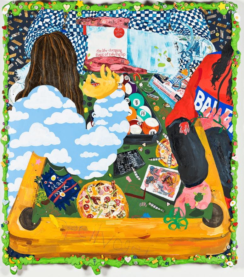 Mario Kondo · Acrylic, flashe, ink, paper mache, tape, polymer clay, air dry clay, stickers, gems, collage, and resin on canvas · 139.7 x 127 cm · 2019 (출처= 가나아트사운즈) · Mario Kondo · Acrylic, flashe, ink, paper mache, tape, polymer clay, air dry clay, stickers,