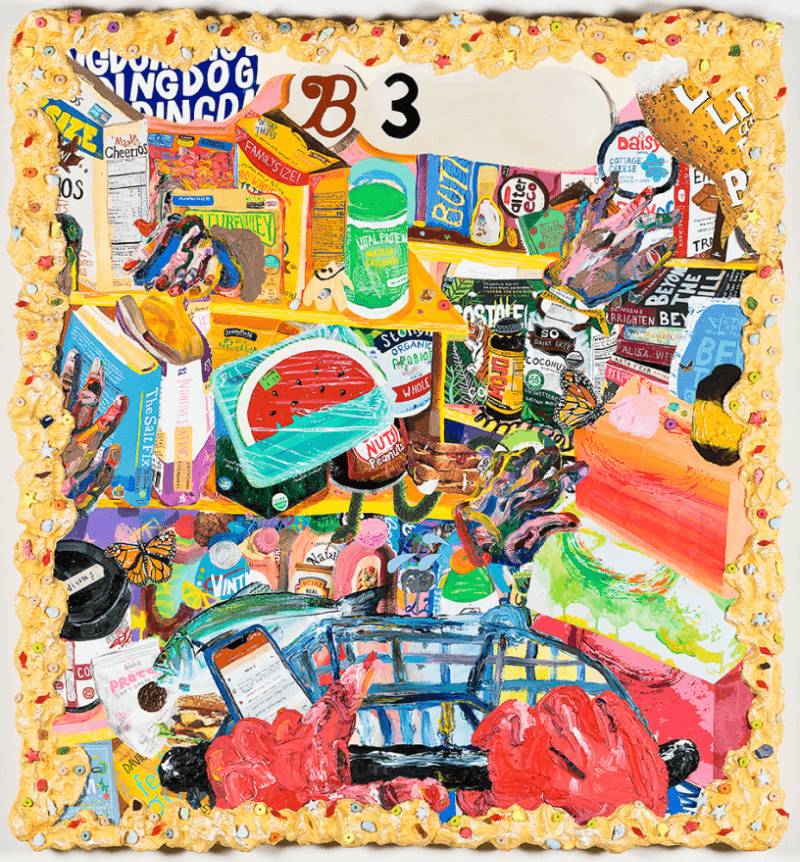 I Have It All But I Still Want More · Acrylic, spray paint, collage, stickers, fruit sticker, pastel, soda tab, paper mache, polymer clay, resin, sea glass on canvas · 134.6 x 124.5 cm · 2019 (출처= 가나아트사운즈) · I Have It All But I Still Want More · Acrylic, spray