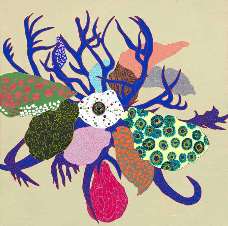 가지를 뻗다 BRANCH OUT · 캔버스 위에 아크릴, 콜라주 · 91x91cm · 2021 (이미지 제공 = 스페이스 엄) · 가지를 뻗다 BRANCH OUT · mixed media