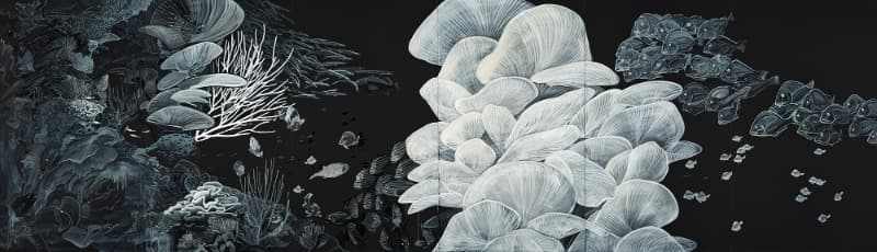깊고 깊은 그곳 1 · 캔버스에 유채, 아크릴채색 · 193.9×720cm · 2021 (이미지 제공 = (재)한원미술관)