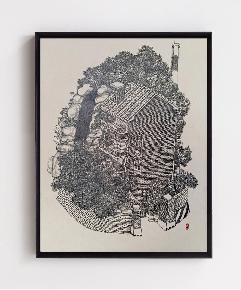 이화빌라 · 이합장지에 흑연 · 32.5x42cm · 2021 (이미지 제공 = 스페이스 엄)