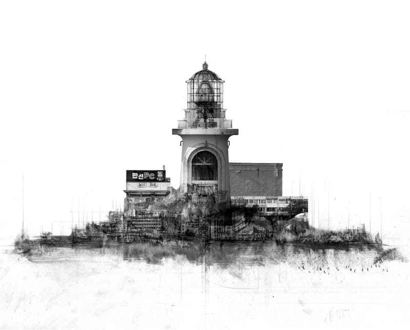 등대 · 트레이싱지에 연필, 목탄터펜타인 와쉬 후 건축용 복사 드라이마운트 · 99.2 x 80cm · 2021 (이미지 제공 = 갤러리조은)