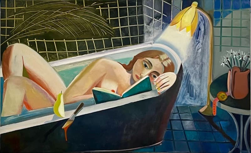 Danielle Orchard, Woman Reading · Oil on linen · 80.6 x 130.8 x 3.2 cm | 31 3/4 x 51 1/2 x 1 1/4 inch · 2021 Courtesy of the artist and Perrotin · Danielle Orchard, Woman Reading · Oil on linen