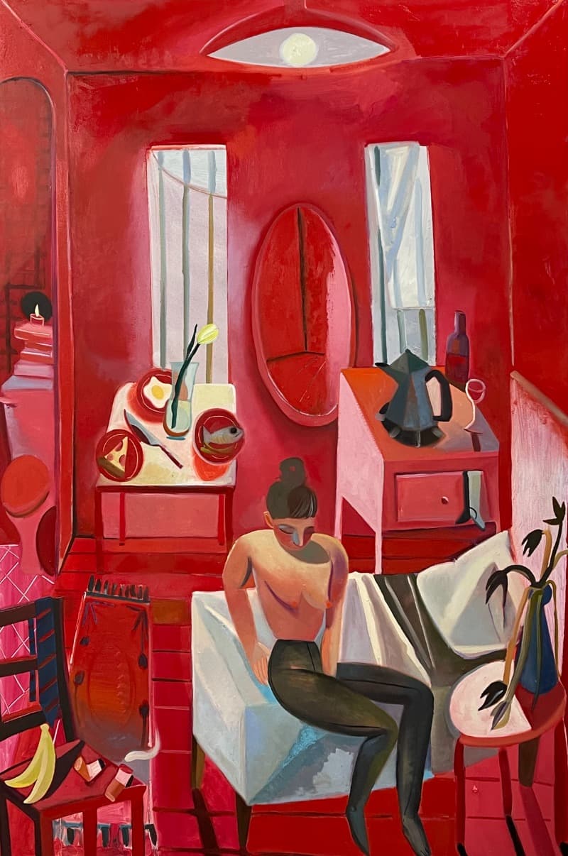 Danielle Orchard, The Red Studio · Oil on linen · 152.4 x 101.6 x 3.2 cm | 60 x 40 x 1 1/4 inch · 2021 Courtesy of the artist and Perrotin · Danielle Orchard, The Red Studio · Oil on linen