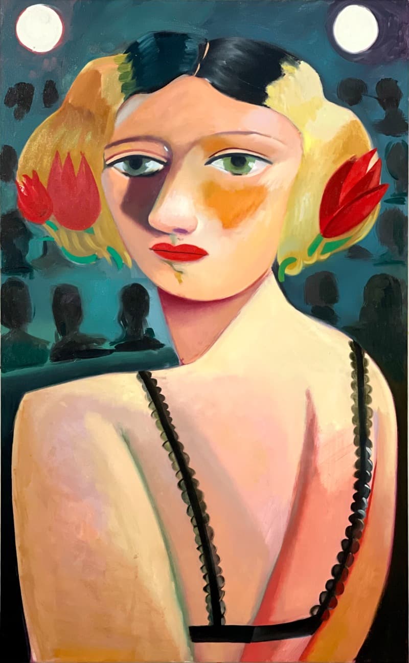 Danielle Orchard, Woman on Stage · Oil on linen · 130.8 x 80.6 x 3.2 cm | 51 1/2 x 31 3/4 x 1 1/4 inch · 2021 Courtesy of the artist and Perrotin · Danielle Orchard, Woman on Stage · Oil on linen