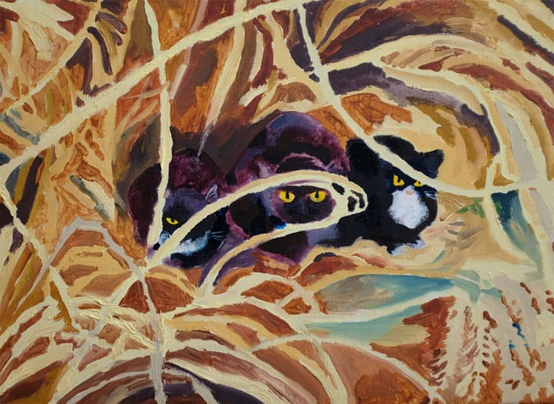 길고양이들 · 캔버스에 유채 · 24.2×33.4cm · 2020 (출처= 플레이스막1) · Stray Cats