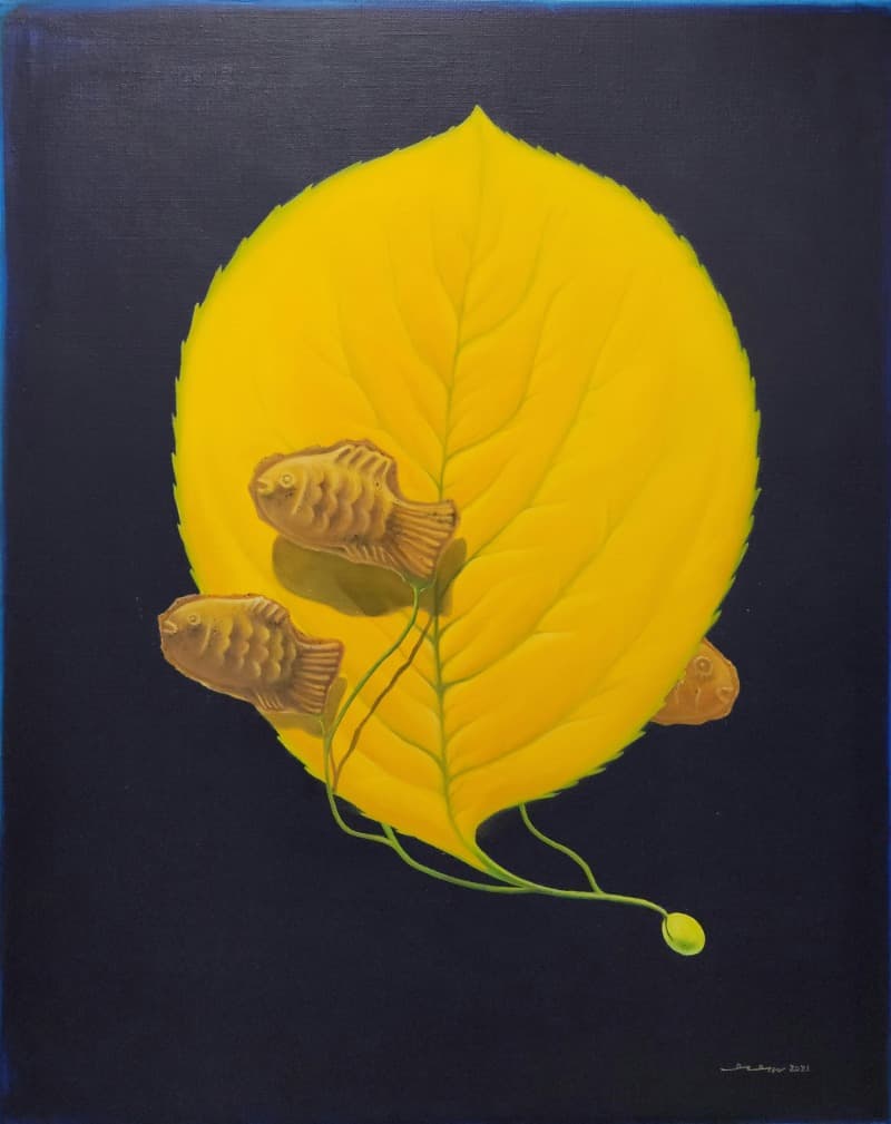 상상씨앗_황금 잉어가 되고싶은 붕어빵 · oil &acrylic on canvas · 91x72.7cm · 2021 (이미지 제공 = 스페이스 엄) · oil &acrylic on canvas
